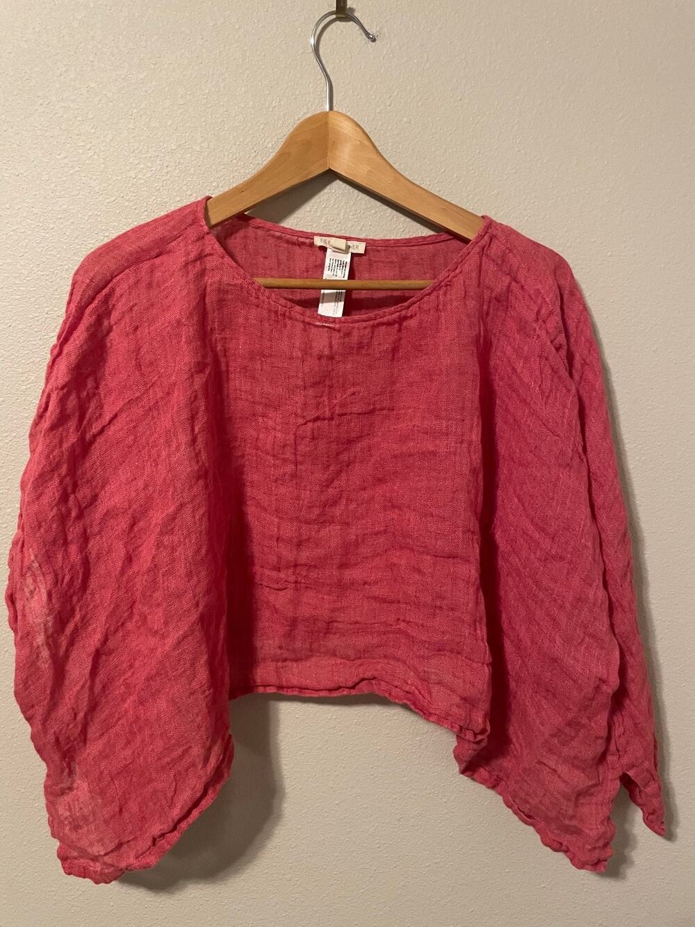 Eileen Fisher Top Womens S M Pink Organic Linen Cropped Dolman Sleeve Boxy Sheer